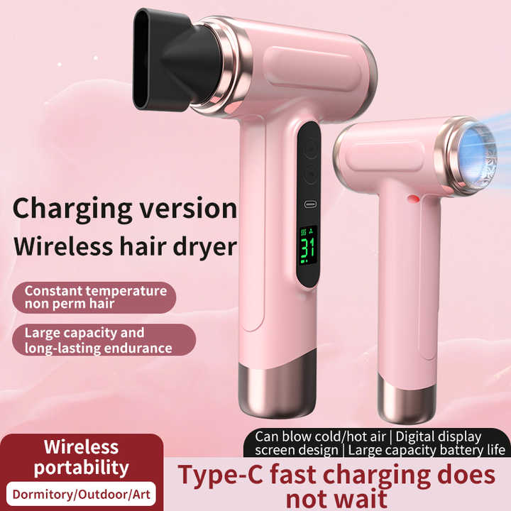 NNEDSZ Pink wireless Hair Dryer with Cold & Hot Air, Portable Large-Capacity Rechargeable Ionic Dryer, Fast-Drying, Lightweight and Compact for Home and Travel