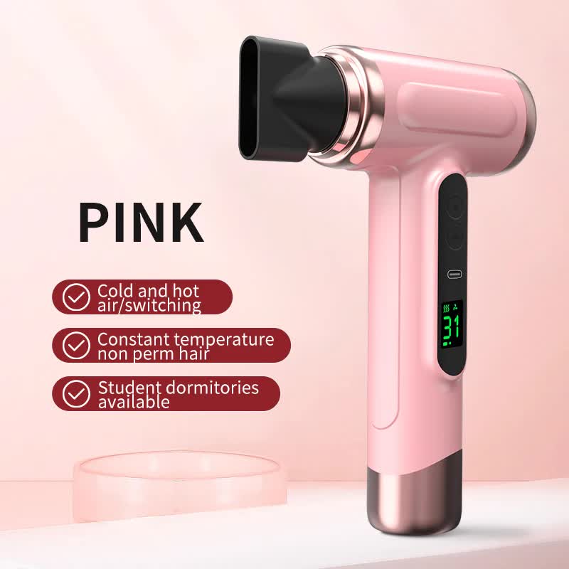 NNEDSZ Pink wireless Hair Dryer with Cold & Hot Air, Portable Large-Capacity Rechargeable Ionic Dryer, Fast-Drying, Lightweight and Compact for Home and Travel